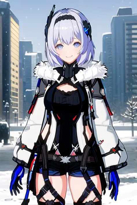 1girl, solo, winter, large breasts, outdoors, <lora:vidar3-000008:0.8>, vidar, asymmetrical headgear, fur-trimmed jacket, gloves, black thighhighs, leotard, short shorts, light smile,