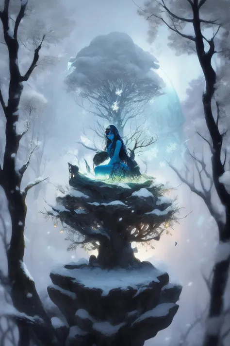 (era elf:1.2),(hunting monsters in heavy snow:1.2),the huge elf is sitting on the world tree,(snowflakes),(blue skin),enchanting beauty,(fantasy),elf mother tree,world tree,ethereal glow,pointed ears,delicate facial features,long elegant hair,nature-themed attire,mystical ambiance,soft lighting,tranquil expression,harmonious with nature,subtle magical elements,serene,intricate jewelry,dreamlike quality,pastel colors,<lora:blue247:0.9>,1person blue_skin,<lora:pollock-01:0.6>,