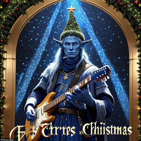 masterpiece, best quality, highly detailed,Development of your mental landscape,Epoch Elves, people who gather under the pure blue light, who stick to their faith, who sometimes appear in my mental landscape,The abyss of mental landscapes, Christmas clothes, not showing much skin,Christmas feast,Christmas store,,A rock band's extremely skilled guitarist, <lora:blue247:0.8> 1person blue_skin
