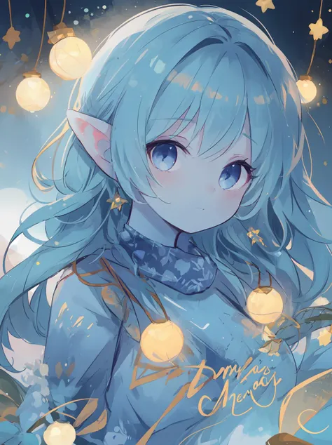 ((soft lighting)) christmas light garland background,
cute girl with (blue skin), holiday costume,
<lora:blue247:1> 1person blue_skin