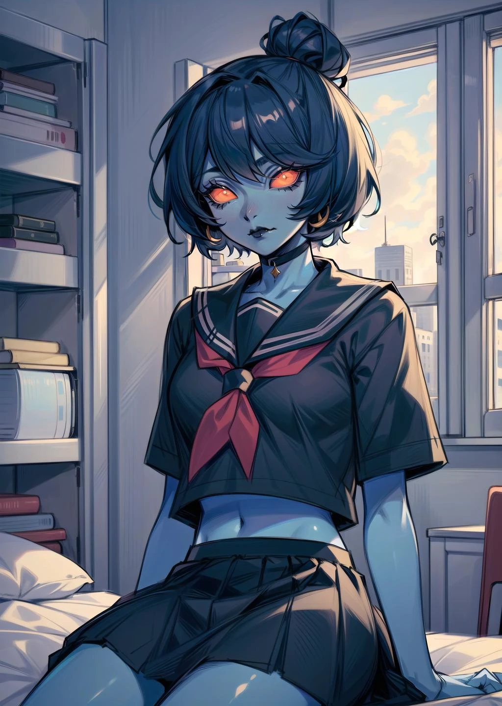 (1girl, split-color hair very short hair single hair bun, solid eyes, colored sclera, <lyco:solidEyes_v70:0.9> eyes, , bored) (digital) (resting in detailed messy room, (black serafuku, midriff, black lipstick, eyeliner)) , best quality, <lora:boldline:0.2> <lora:hairdetailer:0.2> <lora:flat2:-0.3> 1person blue_skin, <lora:blue247:1>