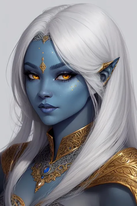 (blue_skin)
(portrait), masterpiece, best quality, ultra-detailed, illustration,
deviantart hd, artstation hd, concept art,
anatomically correct,
1person, (wearing silver fantasy intricate clothing), female, (gray hair), sleek hair, yellow eyes.
<lora:blueblend247:.8>