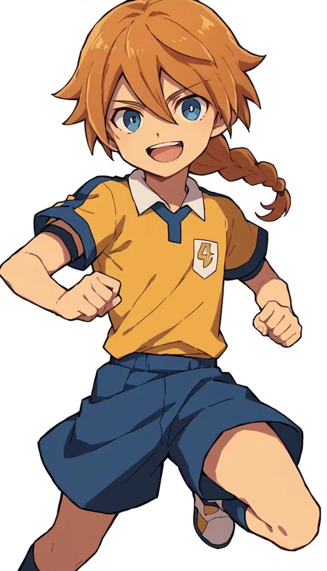 score_9, score_8_up, score_7_up, score_6_up, score_5_up, score_4_up, source_anime, open mouth, smile, pose,, 1boy, heruse arisu, blue eyes, orange hair, single braid, long hair, <lora:Heruse_Arisu:0.7>, raimon, raimon soccer uniform, sportswear, yellow shirt, blue shorts, <lora:Raimon_GO_Uniform:0.7>