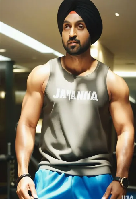 4k, Ranbir Kapoor a man <lora:Diljit:0.9> in the gym, sweaty, muscular, abs, pecs, slight smile, back to camera, flexing, guys in the background admiring him.