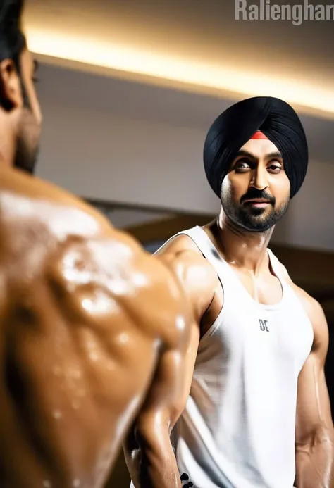 4k, Ranbir Kapoor a man <lora:Diljit:0.9> in the gym, sweaty, muscular, abs, pecs, slight smile, back to camera, flexing, guys in the background admiring him.