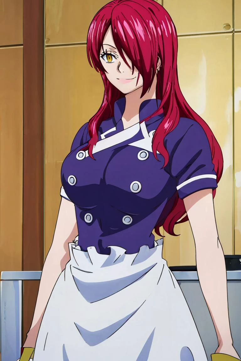 <lora:Oda_Eiichirou_Animation_Style_Dim32:0.8>,((masterpiece,best quality)), absurdres, <lora:Kobayashi_Rindou_Shokugeki:0.8>, Kobayashi_Rindou_Shokugeki, 1girl, solo, red hair, long hair, hair over one eye, yellow eyes, chef, white smock, solo, smiling, looking at viewer, cowboy shot, cinematic composition,