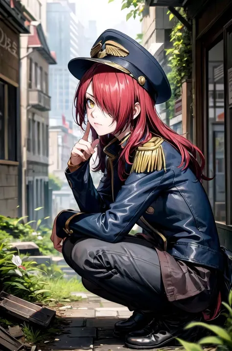 (masterpiece, best quality, detailed), 1girl, solo, looking at viewer, <lora:Kobayashi_Rindou_Shokugeki:0.45>, Kobayashi_Rindou_Shokugeki, red hair, long hair, hair over one eye, yellow eyes, <lora:edgWar40kCommissarv1:0.85>, edgCommissar, millitary uniform, epaulettes, skull emblem, hat, wearing edgCommissar, ruins, overgrown, rubble, pillar, outdoors, building, light rays, fog, squatting, from side, closed mouth, serious