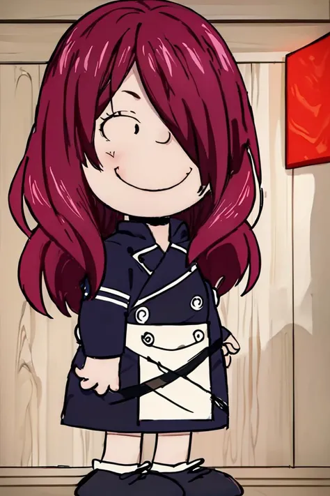 <lora:Charles_Schulz_Style_Dim32:0.8>, chibi, style parody,full body, simple background,((masterpiece,best quality)), absurdres, <lora:Kobayashi_Rindou_Shokugeki:0.8>, Kobayashi_Rindou_Shokugeki, 1girl, solo, fang, red hair, long hair, hair over one eye, yellow eyes, chef, white smock, solo, smiling, looking at viewer, cowboy shot, cinematic composition,