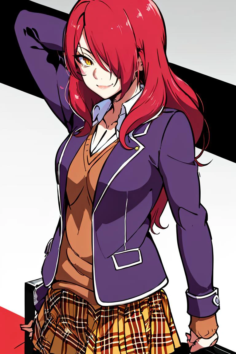 <lora:Diives_Style:0.8>,((masterpiece,best quality)), absurdres, <lora:Kobayashi_Rindou_Shokugeki:0.8>, Kobayashi_Rindou_Shokugeki, 1girl, solo, red hair, long hair, hair over one eye, yellow eyes, jacket, plaid, solo, smiling, looking at viewer, cowboy shot,