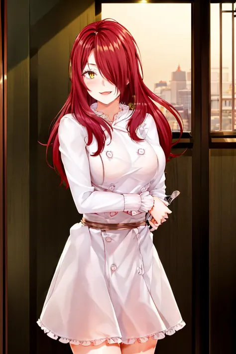 <lora:Puppypaww_Style:0.8>,((masterpiece,best quality)), absurdres, <lora:Kobayashi_Rindou_Shokugeki:0.8>, Kobayashi_Rindou_Shokugeki, 1girl, solo, fang, red hair, long hair, hair over one eye, yellow eyes, chef, white smock, solo, smiling, looking at viewer, cowboy shot,  cinematic composition,