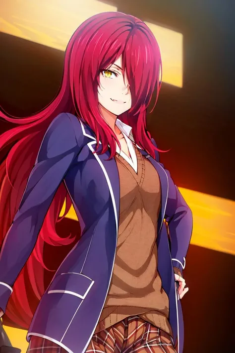 <lora:ricegnat_style:0.8>,((masterpiece,best quality)), absurdres, <lora:Kobayashi_Rindou_Shokugeki:0.8>, Kobayashi_Rindou_Shokugeki, 1girl, solo, fang, red hair, long hair, hair over one eye, yellow eyes, jacket, plaid, solo, smiling, looking at viewer, cowboy shot, cinematic composition,