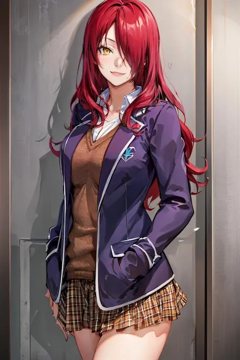 <lora:Konpeto_Style_Dim32 :0.8>,((masterpiece,best quality)), absurdres, <lora:Kobayashi_Rindou_Shokugeki:0.8>, Kobayashi_Rindou_Shokugeki, 1girl, solo, red hair, long hair, hair over one eye, yellow eyes, jacket, plaid, solo, smiling, looking at viewer, cowboy shot,