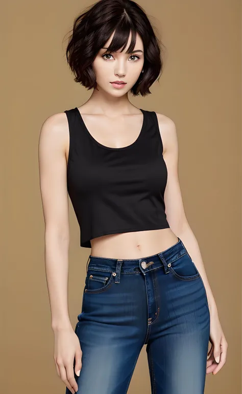 1girl, cowboy shot, standing, short hair, bob cut, black hair, brown eyes, black tank top, jeans, bare shoulders, bare arms