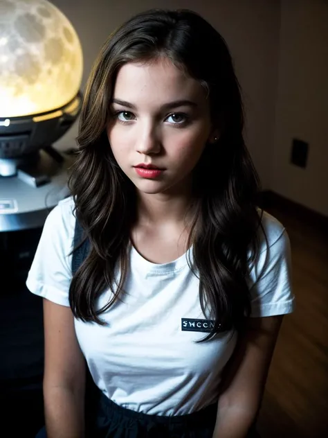 photo of beautiful L1lyIvy_HM-135, a woman, perfect hair, serious look, (modern photo), wearing baggy t-shirt and sweatpants, portrait, 85mm, (analog, cinematic, film grain:1.3), (Lunar Colony, Self-sustaining moon colony with domed structures, lunar rovers, spaceports, and Earthrise views.), detailed eyes, professional pose, painted lips, (epiCPhoto), (looking at viewer:1.1), (cinematic shot:1.3), (natural lighting, lit from above), <lora:add_detail:0.5>