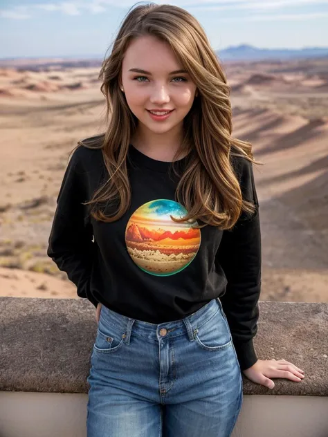 photo of beautiful L1lyIvy_HM-135, a woman, perfect hair, laughing, (modern photo), wearing baggy sweatshirt and jeans, portrait, 85mm, (analog, cinematic, film grain:1.3), (Mars Tourism Resort, Luxurious resort offering Martian landscape views and space-themed activities.), detailed eyes, professional pose, painted lips, (epiCPhoto), (looking at viewer:1.1), (cinematic shot:1.3), (natural lighting, lit from above), <lora:add_detail:0.5>