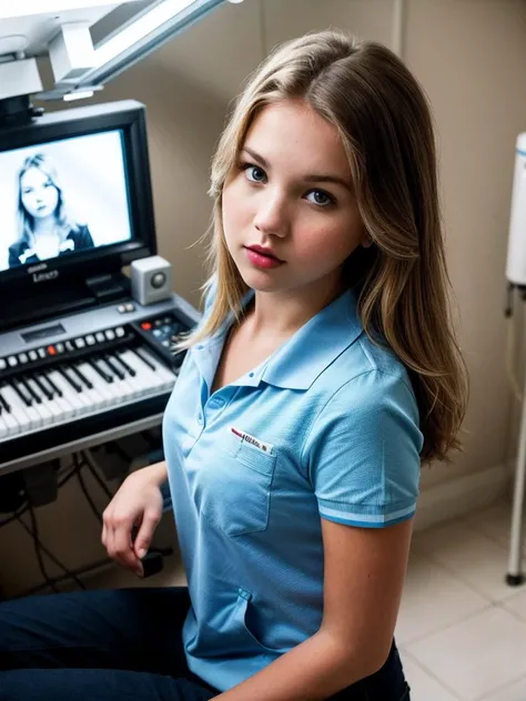 photo of beautiful L1lyIvy_HM-135, a woman, perfect hair, surprised, (modern photo), wearing blue polo shirt, khaki pants, light blue vest, portrait, 85mm, (analog, cinematic, film grain:1.3), (Mars Colony Hospital, Medical facility with advanced equipment, surgical theaters, and specialized treatment areas.), detailed eyes, professional pose, painted lips, (epiCPhoto), (looking at viewer:1.1), (cinematic shot:1.3), (natural lighting, lit from above), <lora:add_detail:0.5>