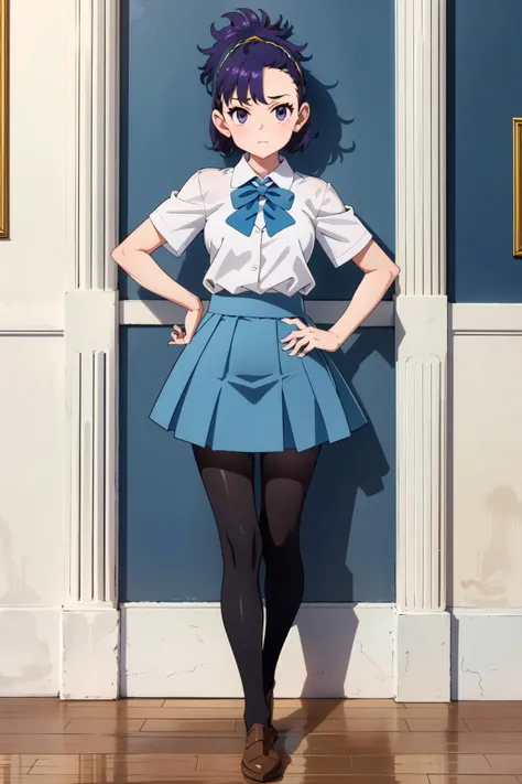 cnhs junior student,1girl,janine \(pokemon\),purple hair,purple eyes, light blue skirt, bow, white blouse,pantyhose,short sleeves,standing,looking at viewer,full body,in ornate room,(gilded walls,engraved walls), <lora:CNHS Junior Student:0.9> ,<lora:Janine:0.8>, <lora:LORA-XenoDetailer-v2:0.1>