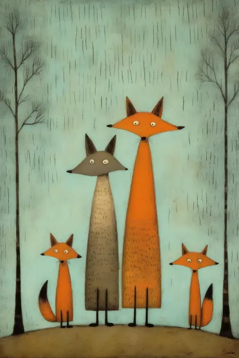 <lora:Tracie Grimwood Style:1>Tracie Grimwood Style - a family of foxes in the style of sam toft
