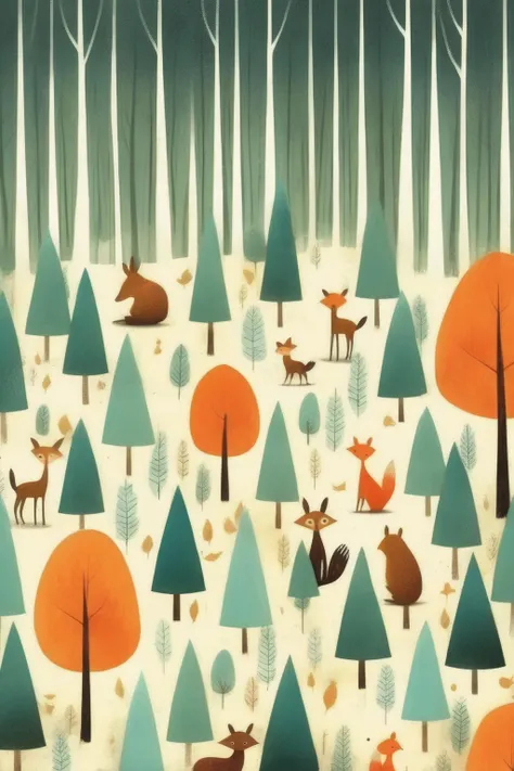 <lora:Tracie Grimwood Style:1>Tracie Grimwood Style - minimalist forest background. children book illustration