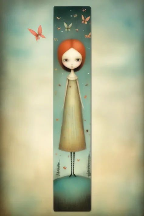 <lora:Tracie Grimwood Style:1>Tracie Grimwood Style - bookmark, by Nicoletta Ceccoli and Jon Klassen, a girl dreaming an enchanted fairy tale