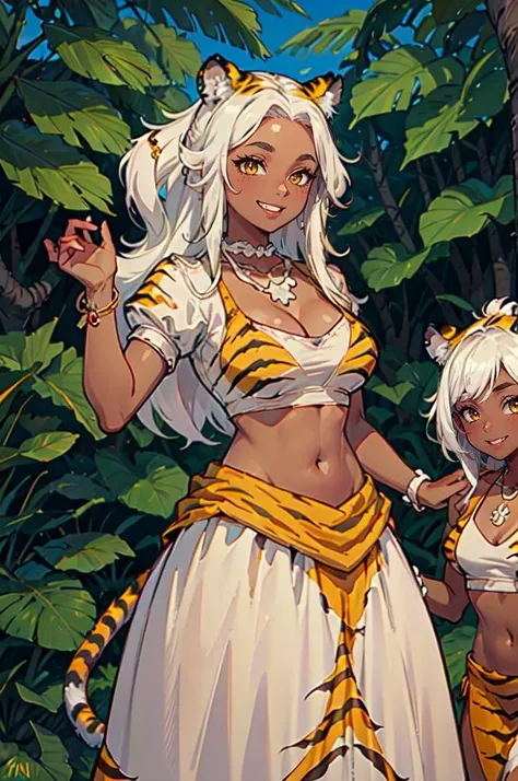 smile, cowboy shot, smug, sharp teeth, dense jungle,  <lora:Toni_Citron_OC_Anime:0.8> Toni_Citron_OC, orange eyes, tiger ears, tiger tail, white hair, dark skin, necklace, animal print,   <lora:princess_peach_dress_outfit-base-anylora-v1-1-1-000017_1_BiiIIMoOOo_WOF:1> peachdress, daisydress, puffy short sleeves, jewelry, dress,, ultra detailed, masterpiece, best quality, aesthetic, detailed,