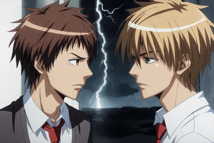 2boys, upper body, face each other BREAK
<lora:Shintani_Hinata_No_commercial_use_is_allowed_LoRA:0.5> shintani hinata\(maid sama\), 2boys, side view, face each other, brown eyes, short hair, brown hair, displeased, long sleeves, school uniform, red necktie BREAK
lightning BREAK
<lora:Usui_Takumi_No_commercial_use_is_allowed_LoRA:0.5> usui takumi\(maid sama\), 2boys, side view, face each other, green eyes, short hair, bangs, blonde hair, hair between eyes, annoyed, long sleeves, white shirt, collared shirt, red necktie