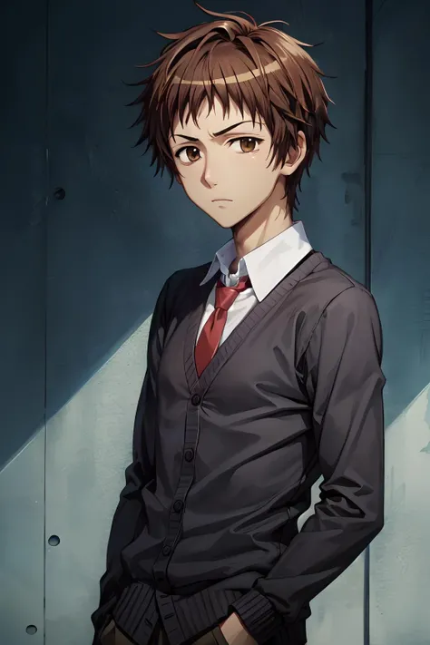 shintani hinata\(maid sama\), solo, 1boy, looking at viewer, male focus, brown eyes, short hair, brown hair, white shirt, red necktie, school uniform, long sleeves, gray vest, collared shirt, <lora:Shintani_Hinata_No_commercial_use_is_allowed_LoRA:0.5>