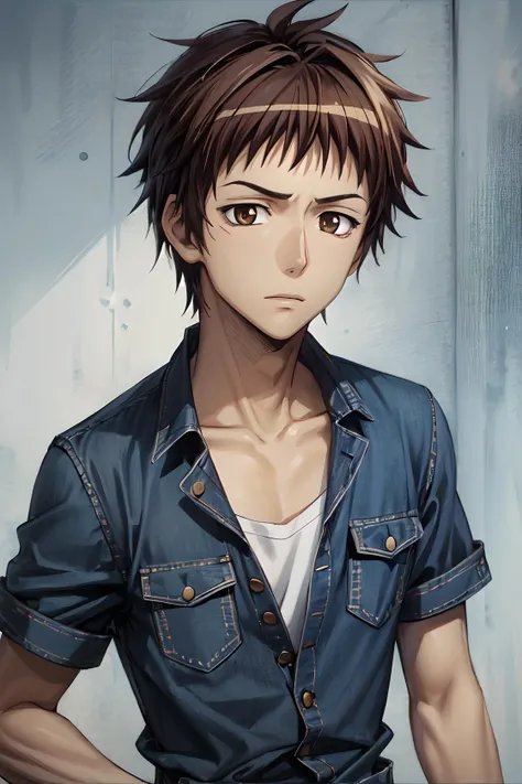 shintani hinata\(maid sama\), solo, 1boy, looking at viewer, male focus, brown eyes, short hair, brown hair, collarbone, white shirt, blue coveralls, <lora:Shintani_Hinata_No_commercial_use_is_allowed_LoRA:0.5>