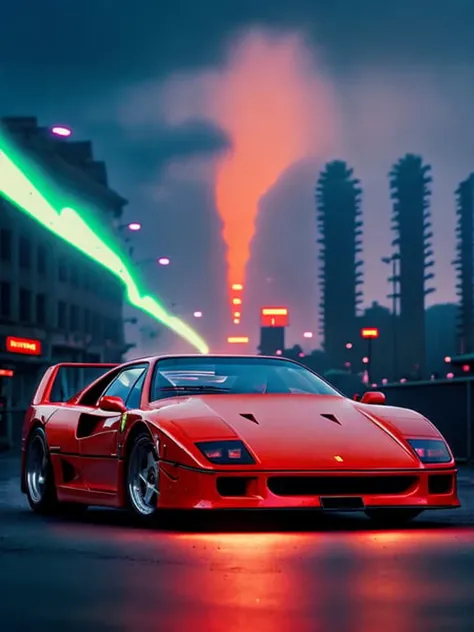 red FerFourty in cyberpunk cyberpunk city street background, neon lights, foggy street at night, bokeh, depth of field, volumetric light, gobo light, 1 car, analog, portra 800 film, <lora:FerFourty:.8>, <lora:analogdiffusion_Lora300:.2>