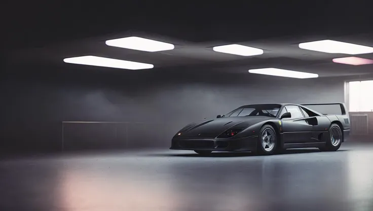 matte black FerFourty in dimly lit warehouse, neon lights, foggy warehouse at night, bokeh, depth of field, volumetric light, gobo light, 1 car, analog, portra 800 film, <lora:FerFourty:.8>, <lora:analogdiffusion_Lora300:.2>