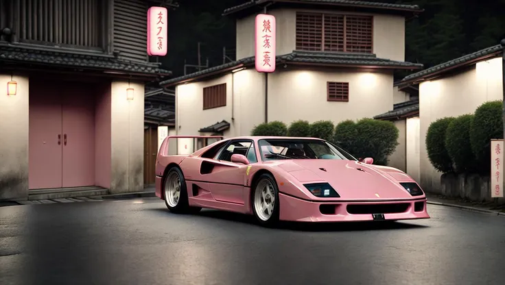 light pink FerFourty on a narrow kyoto alley, japanese architecture, foggy street at night, bokeh, depth of field, 1 car, <lora:FerFourty:.8>