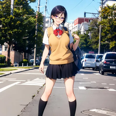 masterpiece,highres,high quality,extremely detailed,solo,(stylish_pose:1.2),full body,smile,parted lips,outdoors,
school uniforms,white collared shirt,red bow,yellow sweater vest,pleated_skirt,
BREAK
<lora:Kojima Ayano [seisyun pop!]>,Kojima Ayano,1girl,messy hair,bangs,(blue hair:1.2),glasses,purple eyes,large bust,