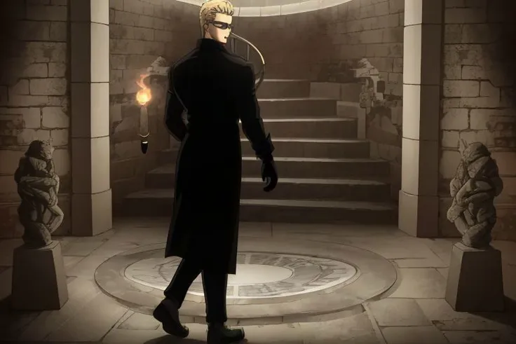 (Albert Wesker:1.4), upper body, highly detailed, highres, extremely detailed, detailed background, perfect eyes, perfect face, high quality, detailed face, anime, best quality, masterpiece, 4k, 8k, absurd resolution, cinematic lights, intricate detail, detailed hands, detailed eyes, animation, illustration, back combed hair, (blonde hair:1.4), combed back, hair back, short hair, comb back hair, (1man), back comb haircut, mature male, looking at viewer, shades, sunglasses, 1boy, black shirt, black trench coat, high definition, sharp focus, <lora:neg4all_bdsqlsz_V3.5:1>, <lora:dreamlookai_lora_db_bb89d853_ckp_9966b693_step_3000_Wesker:0.7> wesker, edgQuality, slick back hair, <lora:AlbertWeskerRE:0.5> AlbertWeskerRE, <lora:neg_bdsqlsz_V2:1>, pureerosface_v1, <lora:hyperdenoiser_v090:0.6>, <lora:hyperrefiner_v090:0.6>, (looking at viewer:1.4), (smirking), (zoom out), black pants, black trousers, black shoes, <lora:Hiroyuki Kitazume:0.4>, <lora:spiralstairs2023:0.6> spiralstairs2023, concept, scenery, (spiral stairs), (full body shot:1.3), wall, ceiling, floor, walking down staircase, holding torch, flaming torch, torches, stone bricks, ancient, vibrant color, circular room, ornate, stone walls, hanging torches, dark gloomy,