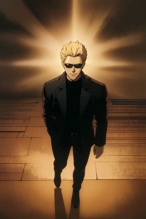(Albert Wesker:1.4), upper body, highly detailed, highres, extremely detailed, detailed background, perfect eyes, perfect face, high quality, detailed face, anime, best quality, masterpiece, 4k, 8k, absurd resolution, cinematic lights, intricate detail, detailed hands, detailed eyes, animation, illustration, back combed hair, (blonde hair:1.4), combed back, hair back, short hair, comb back hair, (1man), back comb haircut, mature male, looking at viewer, shades, sunglasses, 1boy, black shirt, black trench coat, high definition, sharp focus, <lora:neg4all_bdsqlsz_V3.5:1>, OverallDetail, deep shadow, dimly lit, shade, animification, <lora:dreamlookai_lora_db_bb89d853_ckp_9966b693_step_3000_Wesker:0.7> wesker, <lora:Hiroyuki Kitazume:0.4>, edgQuality, Illust-InstaFilter, <lora:beard_slider_v10:-3>, <lora:gender_slider_v1:-4>, Best_QualityPos, Earth-QualityPos, BodyPositive, prettify, hotify, slick back hair, <lora:AlbertWeskerRE:0.5> AlbertWeskerRE, <lora:neg_bdsqlsz_V2:1>, pureerosface_v1, <lora:hyperdenoiser_v090:0.6>, <lora:hyperrefiner_v090:0.6>, (looking at viewer:1.4), (smirking), (zoom out), black pants, black trousers, black shoes, <lora:spiralstairs2023:0.6> spiralstairs2023, concept, scenery, (spiral stairs), (full body shot:1.3), walking down staircase, flaming torch, torches, stone bricks, ancient, vibrant color, circular room, ornate, stone walls, hanging torches, dark gloomy,