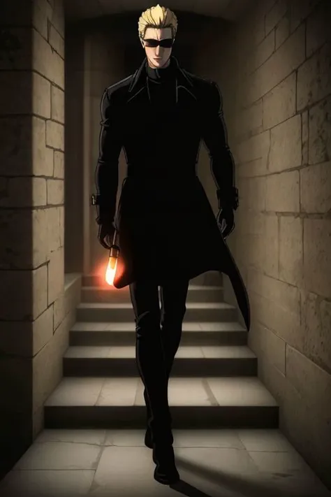 (Albert Wesker:1.4), upper body, highly detailed, highres, extremely detailed, detailed background, perfect eyes, perfect face, high quality, detailed face, anime, best quality, masterpiece, 4k, 8k, absurd resolution, cinematic lights, intricate detail, detailed hands, detailed eyes, animation, illustration, back combed hair, (blonde hair:1.4), combed back, hair back, short hair, comb back hair, (1man), back comb haircut, mature male, looking at viewer, shades, sunglasses, 1boy, black shirt, black trench coat, high definition, sharp focus, <lora:neg4all_bdsqlsz_V3.5:1>, <lora:dreamlookai_lora_db_bb89d853_ckp_9966b693_step_3000_Wesker:0.7> wesker, edgQuality, slick back hair, <lora:AlbertWeskerRE:0.5> AlbertWeskerRE, <lora:neg_bdsqlsz_V2:1>, pureerosface_v1, <lora:hyperdenoiser_v090:0.6>, <lora:hyperrefiner_v090:0.6>, (looking at viewer:1.4), (smirking), (zoom out), black pants, black trousers, black shoes, <lora:Hiroyuki Kitazume:0.4>, <lora:spiralstairs2023:0.6> spiralstairs2023, concept, scenery, (spiral stairs), (full body shot:1.3), wall, ceiling, floor, walking down staircase, holding torch, flaming torch, torches, stone bricks, ancient, vibrant color, circular room, ornate, stone walls, hanging torches, dark gloomy,