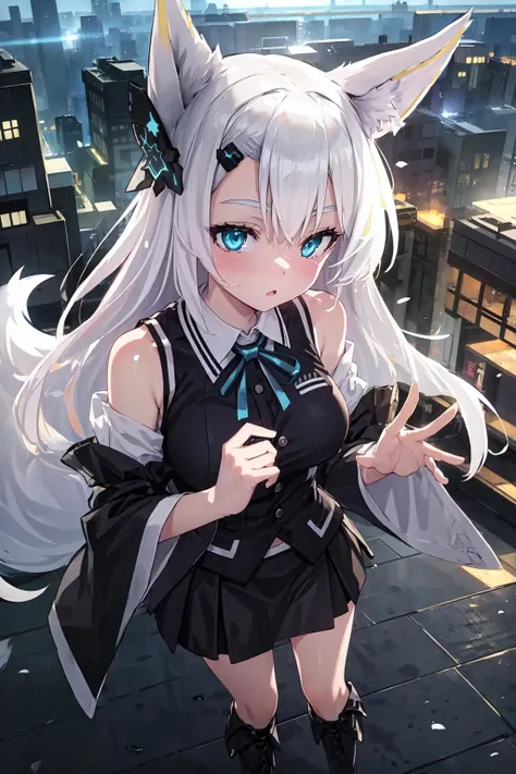 <lora:_AG_MERATHON_Sirius_LORA:0.8> AG Sirius, medium breasts, fox ears, fox tail, blue eyes, white hair, long hair, hair ornament, black vest, (open vest:1.05), black skirt, white shirt, bare shoulders, wide black sleeves, boots, city, depth of field, from above, masterpiece, best quality, highres, <lora:GoodHands-vanilla:1> nice hands, perfect hands
