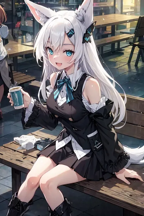 <lora:_AG_MERATHON_Sirius_LORA:0.8> AG Sirius, medium breasts, fox ears, fox tail, blue eyes, white hair, long hair, hair ornament, black vest, (open vest:1.1), black skirt, white shirt, (bare shoulders:1.2), wide black sleeves, restaurant, outdoors, city, sitting, smile, boots, coffee cup, bench, (open mouth:0.8), masterpiece, best quality, highres, <lora:GoodHands-vanilla:1> nice hands, perfect hands
