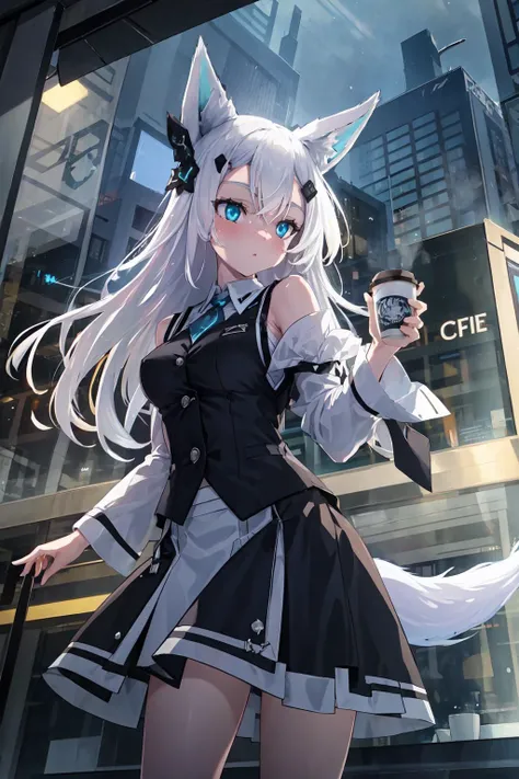 <lora:_AG_MERATHON_Sirius_LORA:0.8> AG Sirius, medium breasts, fox ears, fox tail, blue eyes, white hair, long hair, hair ornament, black vest, (open vest:1.05), black skirt, white shirt, bare shoulders, wide sleeves, storefront, coffee cup, city, curious, from below, masterpiece, best quality, highres, <lora:GoodHands-vanilla:1> nice hands, perfect hands