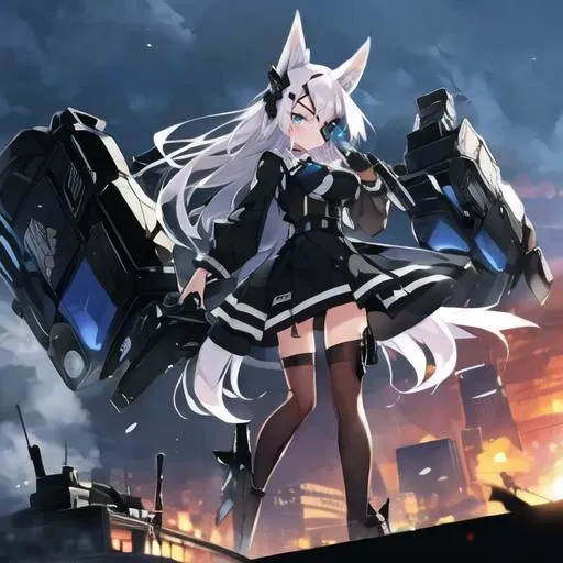 , masterpiece, Highest Quality, Highest Resolution, perfect background, perfect perspective, sharp image, perfect details, perfect lighting, perfect shadows, Perfect lighting, Best background, 1girl, solo, AG Sirius, eye patch, fox ears, fox tail, blue eyes, white hair, long hair, hair ornament, thigh highs, skirt, medium breasts, weapon, panties, black dress, mecha musume,