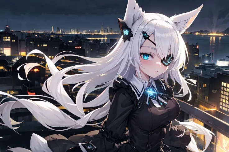 <lora:_AG_MERATHON_Sirius_LORA:0.7> AG Sirius, medium breasts, eye patch, fox ears, fox tail, blue eyes, white hair, long hair, hair ornament, black skirt, depth of field, cityscape, skyline, sky, glowing, selfie, masterpiece, best quality, highres, <lora:GoodHands-vanilla:1> nice hands, perfect hands