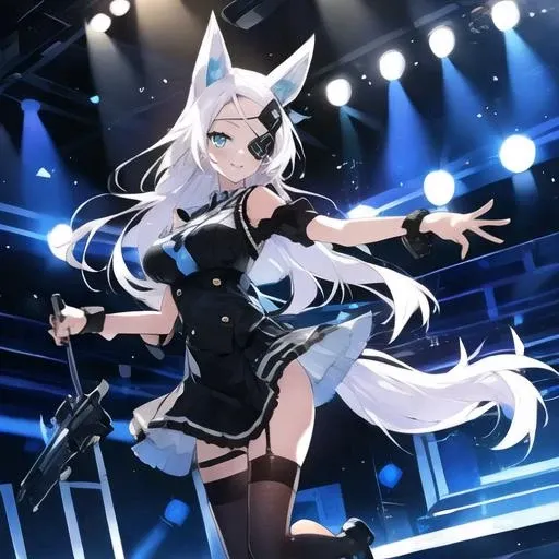 , masterpiece, Highest Quality, Highest Resolution, perfect background, perfect perspective, sharp image, perfect details, perfect lighting, perfect shadows, Perfect lighting, Best background, 1girl, solo, AG Sirius, eye patch, fox ears, fox tail, blue eyes, white hair, long hair, hair ornament, thigh highs, black skirt, medium breasts, weapon, panties, dancing, club, dance flooor, disco ball, smiling,