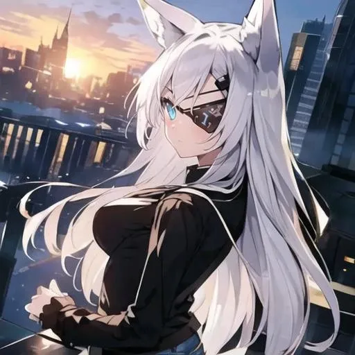 , masterpiece, Highest Quality, Highest Resolution, perfect background, perfect perspective, sharp image, perfect details, perfect lighting, perfect shadows, Perfect lighting, Best background, 1girl, solo, AG Sirius, eye patch, fox ears, fox tail, blue eyes, white hair, long hair, hair ornament,medium breasts, wearing bule jeans, big butt,