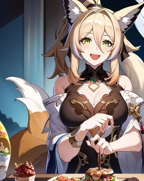 best quality,highly detailed,masterpiece,ultra-detailed,illustration,
xxingqiongtiedao,tiedao,xingqiong,solo,1girl,long_hair,breasts,smile,open_mouth,bangs,large_breasts,brown_hair,hair_ornament,dress,holding,animal_ears,cleavage,hair_between_eyes,bare_shoulders,sitting,green_eyes,tail,ponytail,:d,multicolored_hair,food,teeth,sleeveless,animal_ear_fluff,fox_ears,sleeveless_dress,fox_tail,fox_girl,
<lora:xingqiongtiedao_V2-000012:0.9>,
