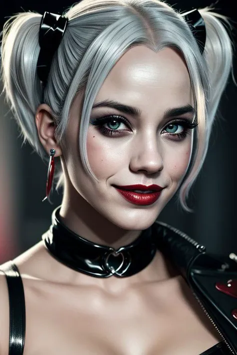 DeviantArt realistic photography of Harley Quinn, beautiful face, triangular face, sexy eyes innocently staring at the viewer, small slightly parted lips smiling, looking at the viewer, 8k, sharp focus, trending on ArtStation, style of CGSociety, High Detail, spblackcat, White hair, mask