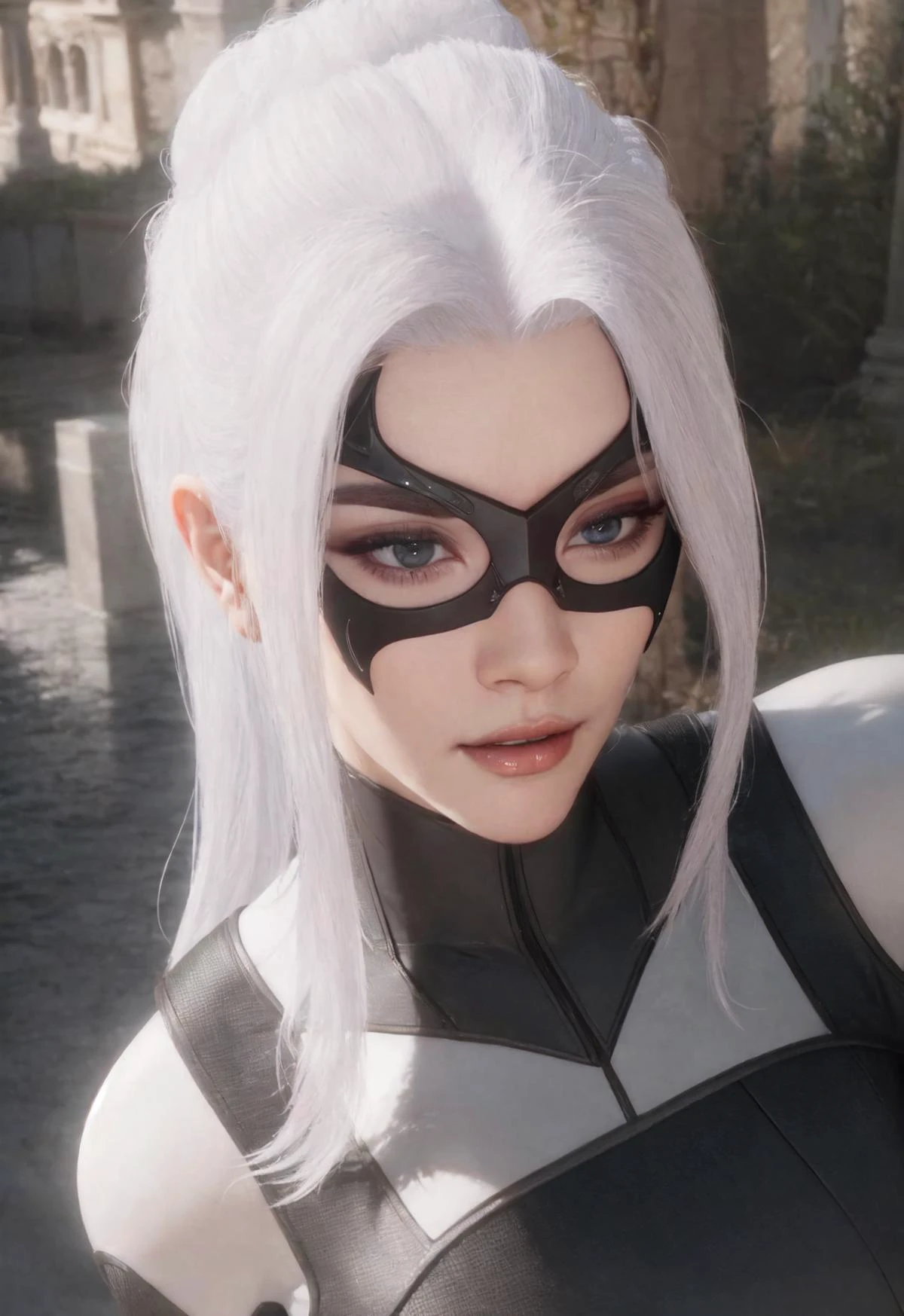 (masterpiece:1.1), best quality, (photorealistic:1.2), hyperrealistic,(ultrarealistic uhd faces:1.2),beautiful eyes, Best quality, masterpiece, ultra high res, photorealistic, girls, 1girl, goddess, spblackcat, White hair, mask, medium breasts, fake breasts, thick thigh, naughty face, (empty eyes, blush, no pupils), night city, dynamic angle, dynamic pose, <lora:add_detail:0.3>, <lora:ReaLora:0.6>, <lora:FakeBreastsV8:0.2>, <lora:BlackCat:0.8>