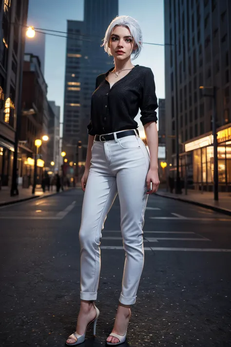 3d, CGI, Render, realistic, realism, photo-realistic, high contrast, (photorealistic:1.4), (perfect female figure), 8k high definition detailed realistic, (best quality, masterpiece:1.2), photon mapping, radiosity, physically-based rendering, best quality, highly detailed, 1girl, fullbodyshot, , white hair, wearing casual clothing, looking at viewer, night city background , <lora:BlackCat-000008:.7>