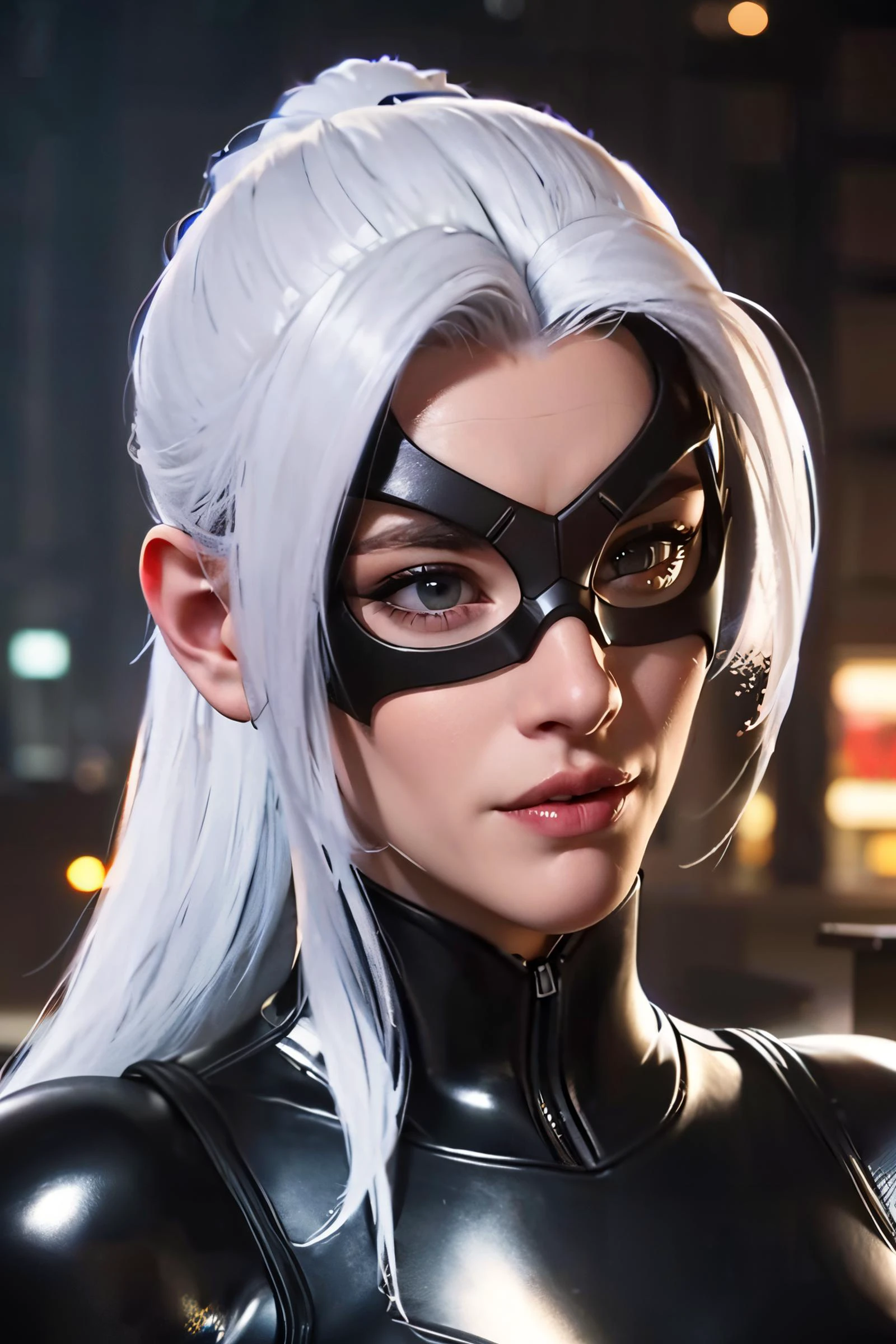 3d, CGI, Render, realistic, realism, photo-realistic, high contrast, (photorealistic:1.4), (perfect female figure), 8k high definition detailed realistic, (best quality, masterpiece:1.2), photon mapping, radiosity, physically-based rendering, best quality, highly detailed, 1girl, spblackcat, fullbodyshot, , white hair, looking at viewer, night city background , mask <lora:BlackCat-000008:.7>