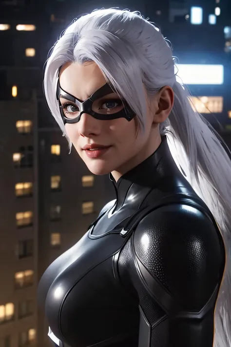 3d, CGI, Render, realistic, realism, photo-realistic, high contrast, (photorealistic:1.4), (perfect female figure), 8k high definition detailed realistic, (best quality, masterpiece:1.2), photon mapping, radiosity, physically-based rendering, best quality, highly detailed, 1girl, spblackcat, fullbodyshot, , white hair, looking at viewer, night city background , mask, smiling <lora:BlackCat-000008:.7>