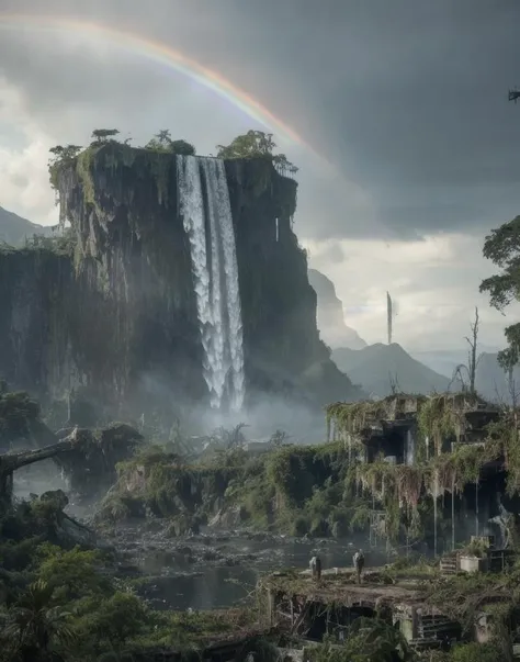 overgrown postapocalyptic ruins, birds in the sky, a rainbow, waterfall : : close shot : : 3 5 mm, realism, octane render, 8 k, exploration, cinematic, trending on artstation, realistic, 3 5 mm camera, unreal engine, hyper detailed, photo - realistic maximum detail, volumetric light, moody cinematic epic concept art, realistic matte painting, hyper photorealistic, concept art, volumetric light, cinematic epic, octane render, 8 k, corona render, movie concept art, octane render, 8 k, corona render, cinematic, trending on artstation, movie concept art, cinematic composition, ultra - detailed, realistic, hyper - realistic, volumetric lighting, 8 k