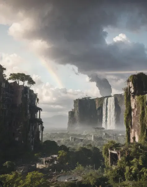 overgrown postapocalyptic ruins, birds in the sky, a rainbow, waterfall : : close shot : : 3 5 mm, realism, octane render, 8 k, exploration, cinematic, trending on artstation, realistic, 3 5 mm camera, unreal engine, hyper detailed, photo - realistic maximum detail, volumetric light, moody cinematic epic concept art, realistic matte painting, hyper photorealistic, concept art, volumetric light, cinematic epic, octane render, 8 k, corona render, movie concept art, octane render, 8 k, corona render, cinematic, trending on artstation, movie concept art, cinematic composition, ultra - detailed, realistic, hyper - realistic, volumetric lighting, 8 k